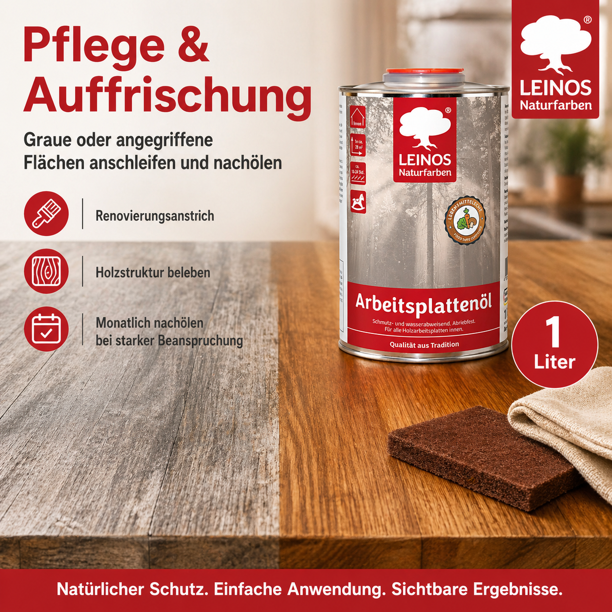 LEINOS 280 Arbeitsplattenöl für Innen 1,0 l | Naturöl zur Imprägnierung von Küchenarbeitsplatten, Möbeloberflächen & Kinderspielzeug aus Holz | Speziell für den Küchenbereich, lösemittelfrei