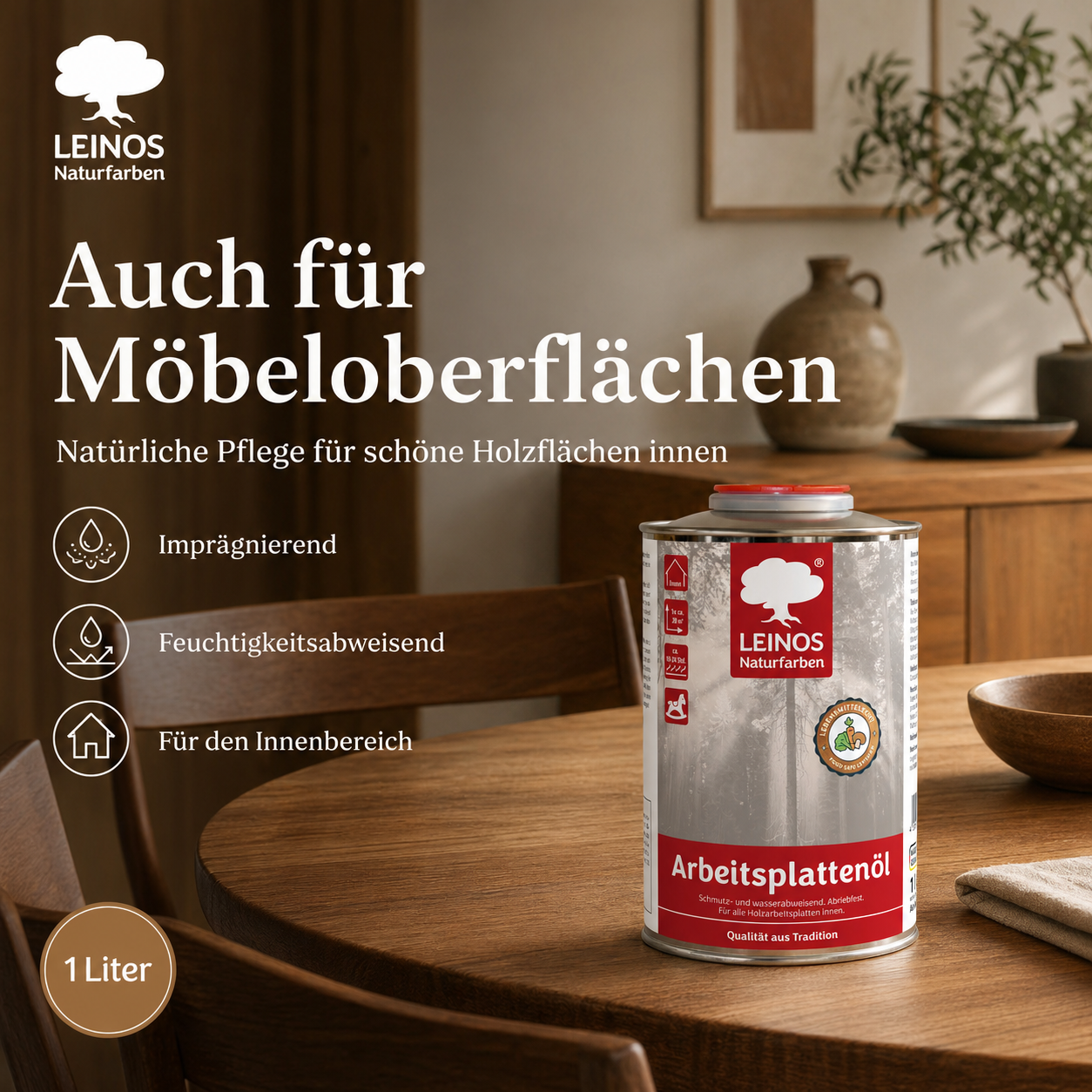 LEINOS 280 Arbeitsplattenöl für Innen 1,0 l | Naturöl zur Imprägnierung von Küchenarbeitsplatten, Möbeloberflächen & Kinderspielzeug aus Holz | Speziell für den Küchenbereich, lösemittelfrei