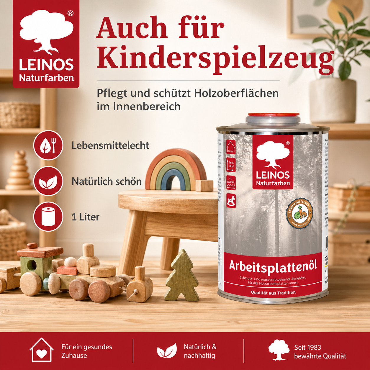 LEINOS 280 Arbeitsplattenöl für Innen 1,0 l | Naturöl zur Imprägnierung von Küchenarbeitsplatten, Möbeloberflächen & Kinderspielzeug aus Holz | Speziell für den Küchenbereich, lösemittelfrei