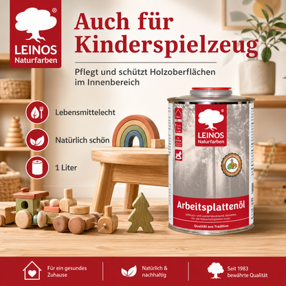 LEINOS 280 Arbeitsplattenöl für Innen 1,0 l | Naturöl zur Imprägnierung von Küchenarbeitsplatten, Möbeloberflächen & Kinderspielzeug aus Holz | Speziell für den Küchenbereich, lösemittelfrei