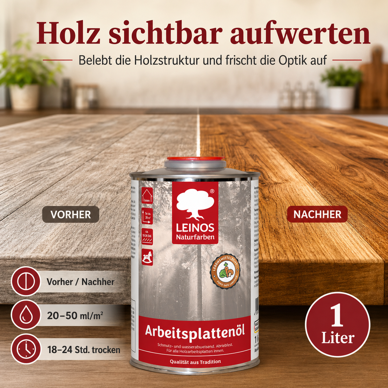 LEINOS 280 Arbeitsplattenöl für Innen 1,0 l | Naturöl zur Imprägnierung von Küchenarbeitsplatten, Möbeloberflächen & Kinderspielzeug aus Holz | Speziell für den Küchenbereich, lösemittelfrei