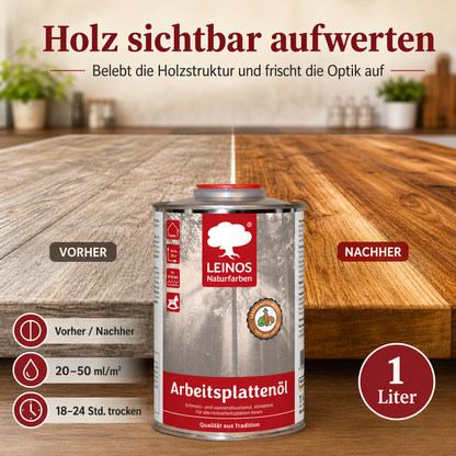 LEINOS 280 Arbeitsplattenöl für Innen 1,0 l | Naturöl zur Imprägnierung von Küchenarbeitsplatten, Möbeloberflächen & Kinderspielzeug aus Holz | Speziell für den Küchenbereich, lösemittelfrei
