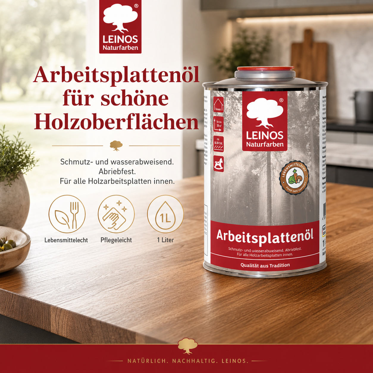 LEINOS 280 Arbeitsplattenöl für Innen 1,0 l | Naturöl zur Imprägnierung von Küchenarbeitsplatten, Möbeloberflächen & Kinderspielzeug aus Holz | Speziell für den Küchenbereich, lösemittelfrei