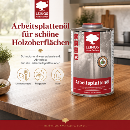 LEINOS 280 Arbeitsplattenöl für Innen 1,0 l | Naturöl zur Imprägnierung von Küchenarbeitsplatten, Möbeloberflächen & Kinderspielzeug aus Holz | Speziell für den Küchenbereich, lösemittelfrei