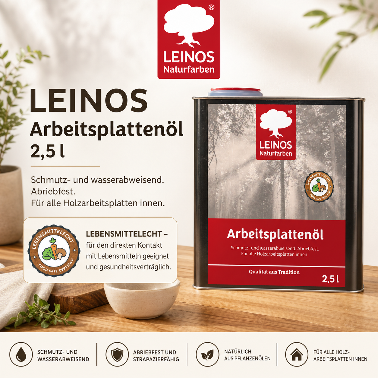 LEINOS 280 Arbeitsplattenöl für Innen 2,5 | Naturöl zur Imprägnierung von Küchenarbeitsplatten, Möbeloberflächen & Kinderspielzeug aus Holz | Speziell für den Küchenbereich, lösemittelfrei
