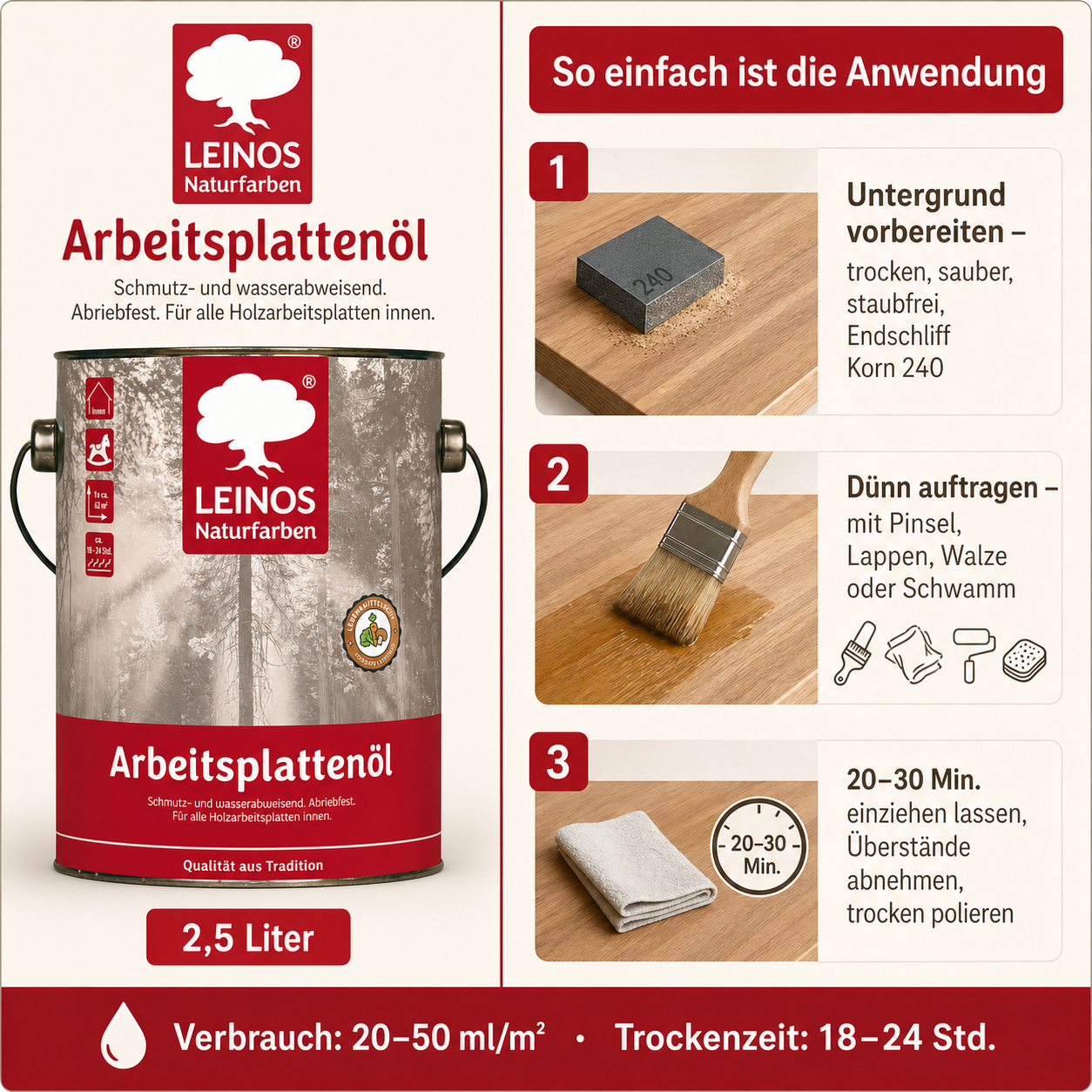 LEINOS 280 Arbeitsplattenöl für Innen 2,5l | Imprägnierung von Küchenarbeitsplatten, Möbeloberflächen und Kinderspielzeug aus Holz | speziell Küchenbereich
