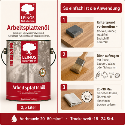 LEINOS 280 Arbeitsplattenöl für Innen 2,5l | Imprägnierung von Küchenarbeitsplatten, Möbeloberflächen und Kinderspielzeug aus Holz | speziell Küchenbereich