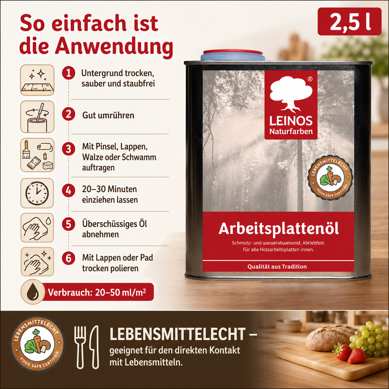 LEINOS 280 Arbeitsplattenöl für Innen 2,5 | Naturöl zur Imprägnierung von Küchenarbeitsplatten, Möbeloberflächen & Kinderspielzeug aus Holz | Speziell für den Küchenbereich, lösemittelfrei
