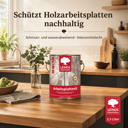 LEINOS 280 Arbeitsplattenöl für Innen 2,5l | Imprägnierung von Küchenarbeitsplatten, Möbeloberflächen und Kinderspielzeug aus Holz | speziell Küchenbereich
