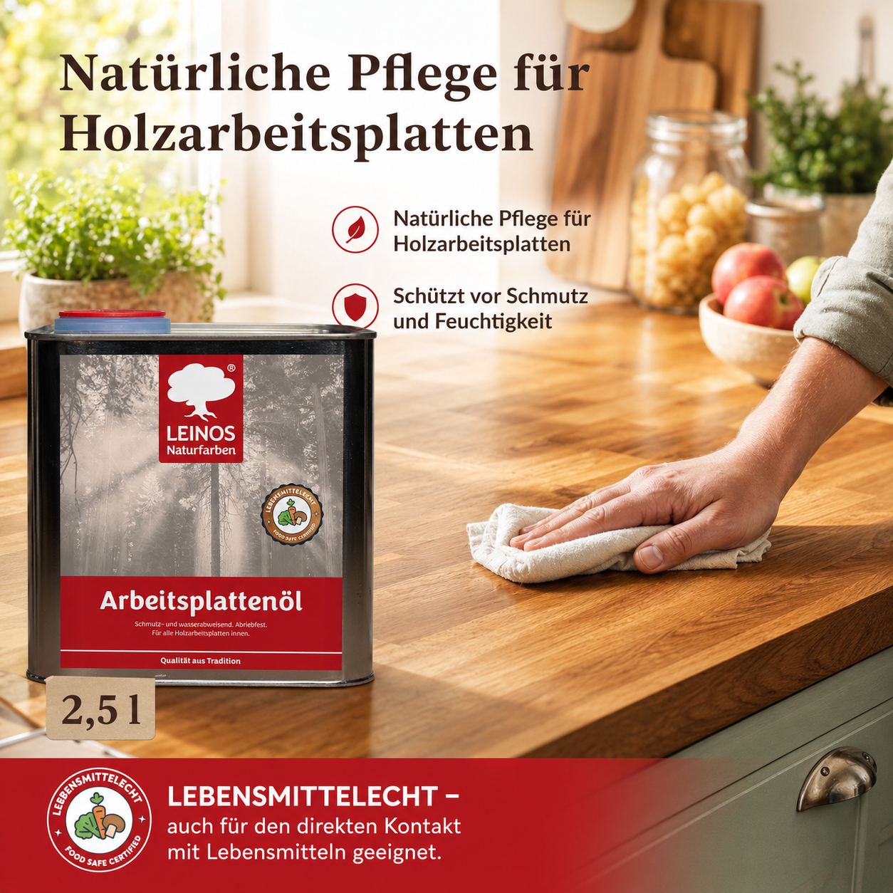 LEINOS 280 Arbeitsplattenöl für Innen 2,5 | Naturöl zur Imprägnierung von Küchenarbeitsplatten, Möbeloberflächen & Kinderspielzeug aus Holz | Speziell für den Küchenbereich, lösemittelfrei