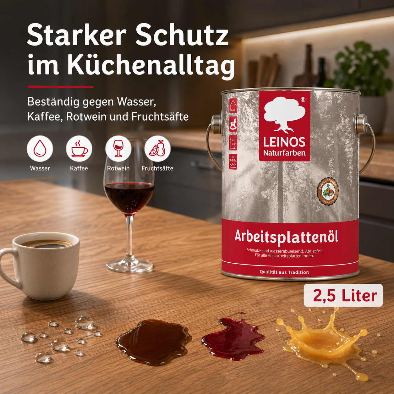 LEINOS 280 Arbeitsplattenöl für Innen 2,5l | Imprägnierung von Küchenarbeitsplatten, Möbeloberflächen und Kinderspielzeug aus Holz | speziell Küchenbereich