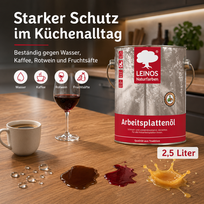 LEINOS 280 Arbeitsplattenöl für Innen 2,5l | Imprägnierung von Küchenarbeitsplatten, Möbeloberflächen und Kinderspielzeug aus Holz | speziell Küchenbereich