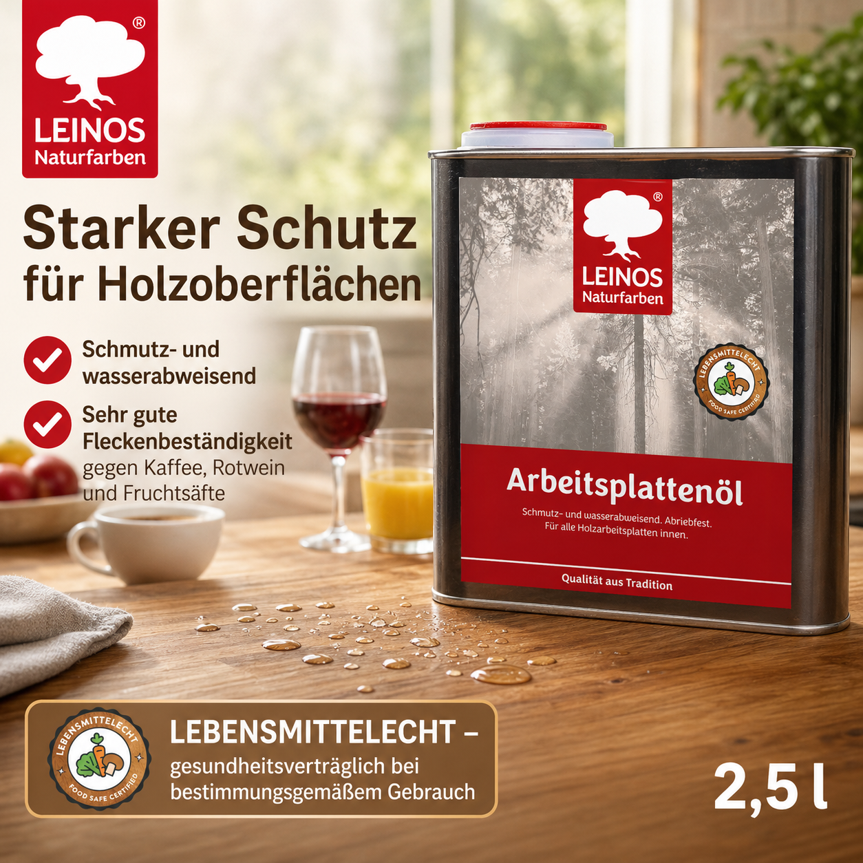 LEINOS 280 Arbeitsplattenöl für Innen 2,5 | Naturöl zur Imprägnierung von Küchenarbeitsplatten, Möbeloberflächen & Kinderspielzeug aus Holz | Speziell für den Küchenbereich, lösemittelfrei