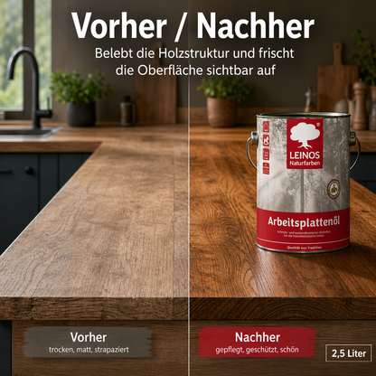 LEINOS 280 Arbeitsplattenöl für Innen 2,5l | Imprägnierung von Küchenarbeitsplatten, Möbeloberflächen und Kinderspielzeug aus Holz | speziell Küchenbereich