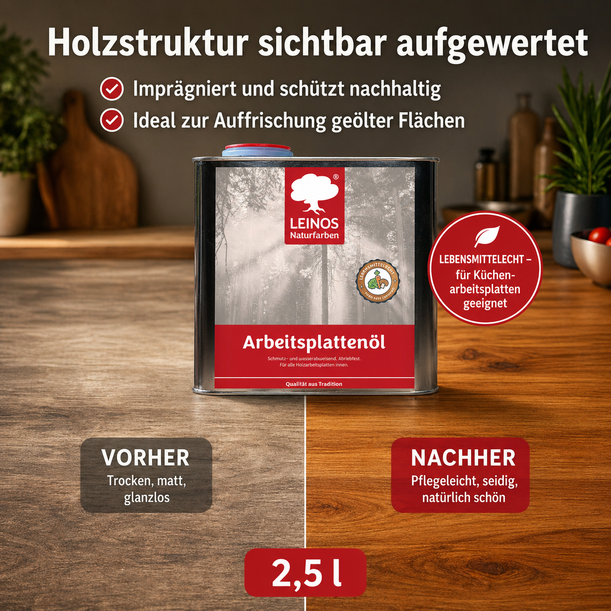 LEINOS 280 Arbeitsplattenöl für Innen 2,5 | Naturöl zur Imprägnierung von Küchenarbeitsplatten, Möbeloberflächen & Kinderspielzeug aus Holz | Speziell für den Küchenbereich, lösemittelfrei