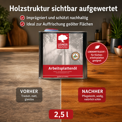 LEINOS 280 Arbeitsplattenöl für Innen 2,5 | Naturöl zur Imprägnierung von Küchenarbeitsplatten, Möbeloberflächen & Kinderspielzeug aus Holz | Speziell für den Küchenbereich, lösemittelfrei