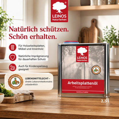LEINOS 280 Arbeitsplattenöl für Innen 2,5 | Naturöl zur Imprägnierung von Küchenarbeitsplatten, Möbeloberflächen & Kinderspielzeug aus Holz | Speziell für den Küchenbereich, lösemittelfrei
