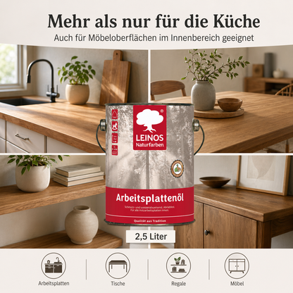LEINOS 280 Arbeitsplattenöl für Innen 2,5l | Imprägnierung von Küchenarbeitsplatten, Möbeloberflächen und Kinderspielzeug aus Holz | speziell Küchenbereich