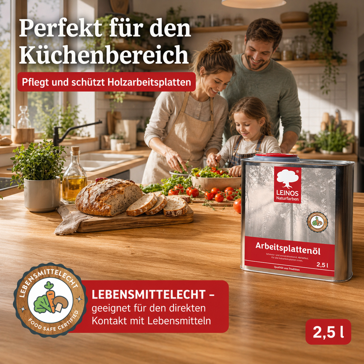 LEINOS 280 Arbeitsplattenöl für Innen 2,5 | Naturöl zur Imprägnierung von Küchenarbeitsplatten, Möbeloberflächen & Kinderspielzeug aus Holz | Speziell für den Küchenbereich, lösemittelfrei
