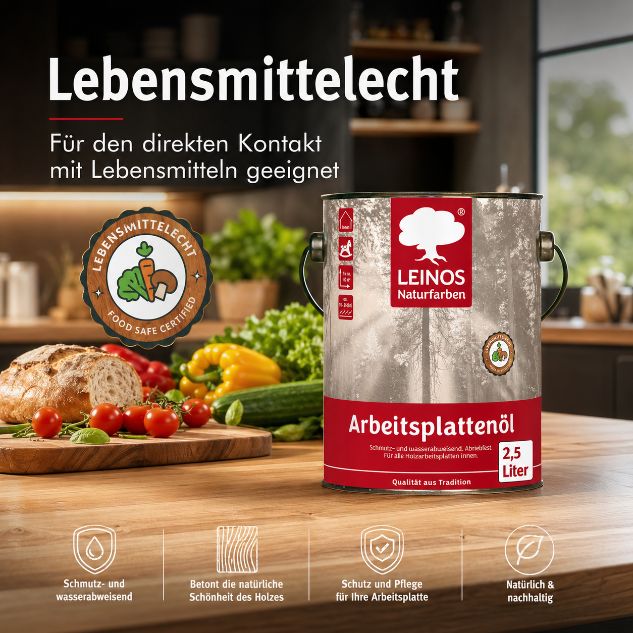 LEINOS 280 Arbeitsplattenöl für Innen 2,5l | Imprägnierung von Küchenarbeitsplatten, Möbeloberflächen und Kinderspielzeug aus Holz | speziell Küchenbereich