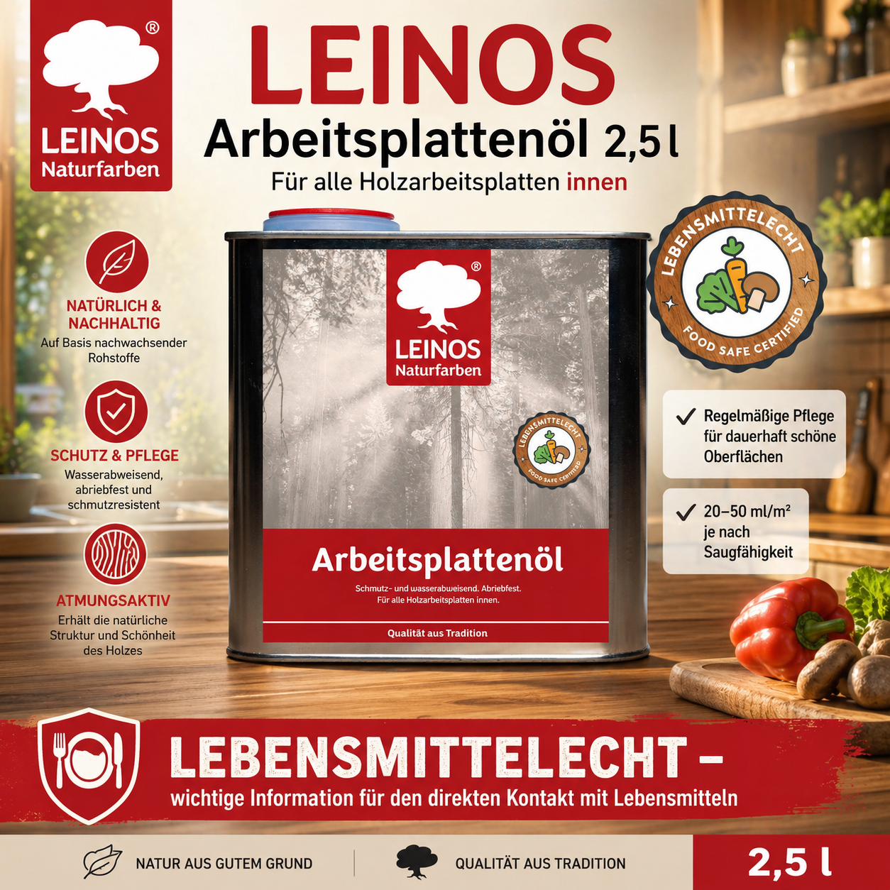 LEINOS 280 Arbeitsplattenöl für Innen 2,5 | Naturöl zur Imprägnierung von Küchenarbeitsplatten, Möbeloberflächen & Kinderspielzeug aus Holz | Speziell für den Küchenbereich, lösemittelfrei