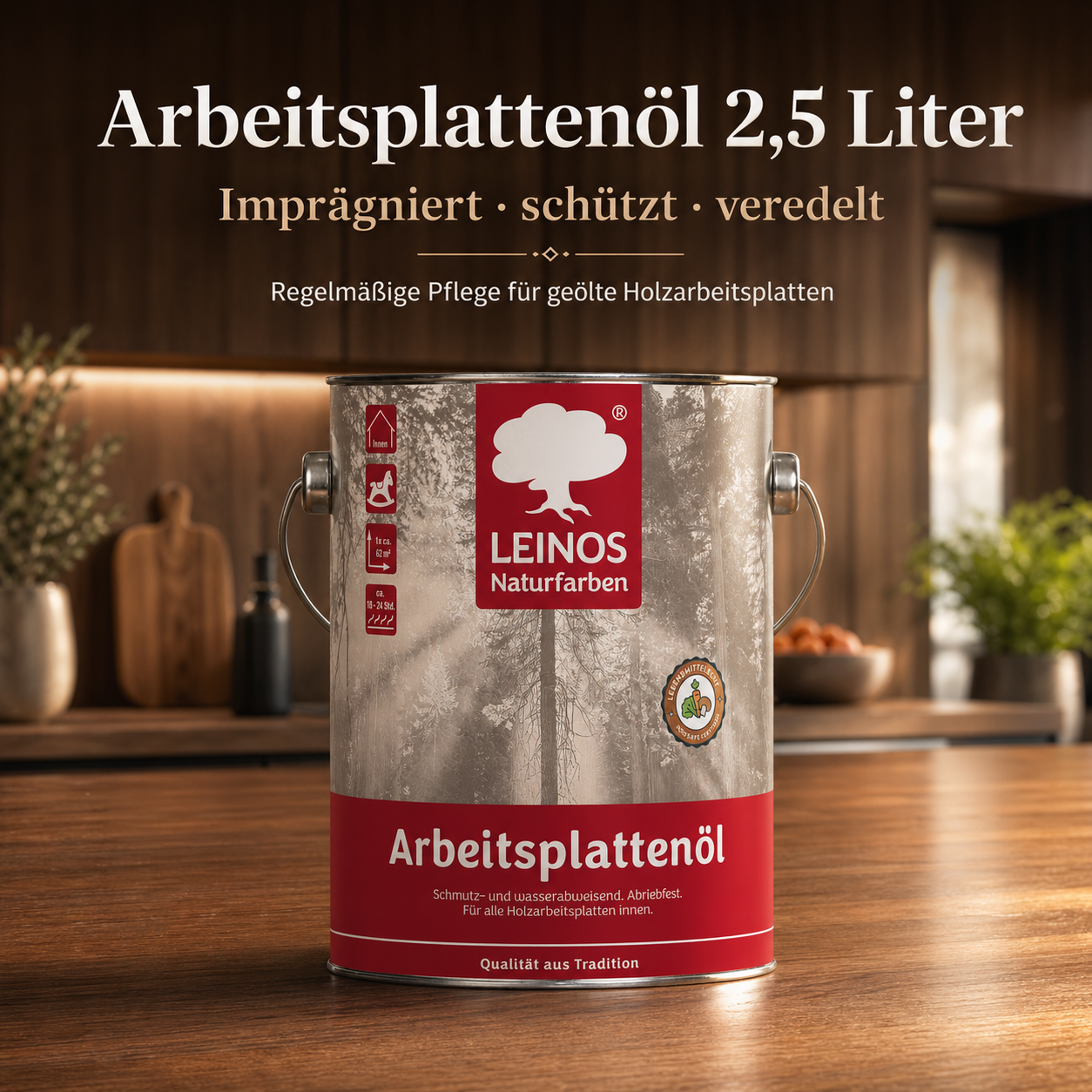 LEINOS 280 Arbeitsplattenöl für Innen 2,5l | Imprägnierung von Küchenarbeitsplatten, Möbeloberflächen und Kinderspielzeug aus Holz | speziell Küchenbereich