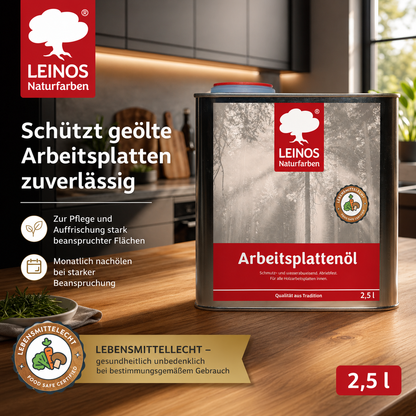 LEINOS 280 Arbeitsplattenöl für Innen 2,5 | Naturöl zur Imprägnierung von Küchenarbeitsplatten, Möbeloberflächen & Kinderspielzeug aus Holz | Speziell für den Küchenbereich, lösemittelfrei
