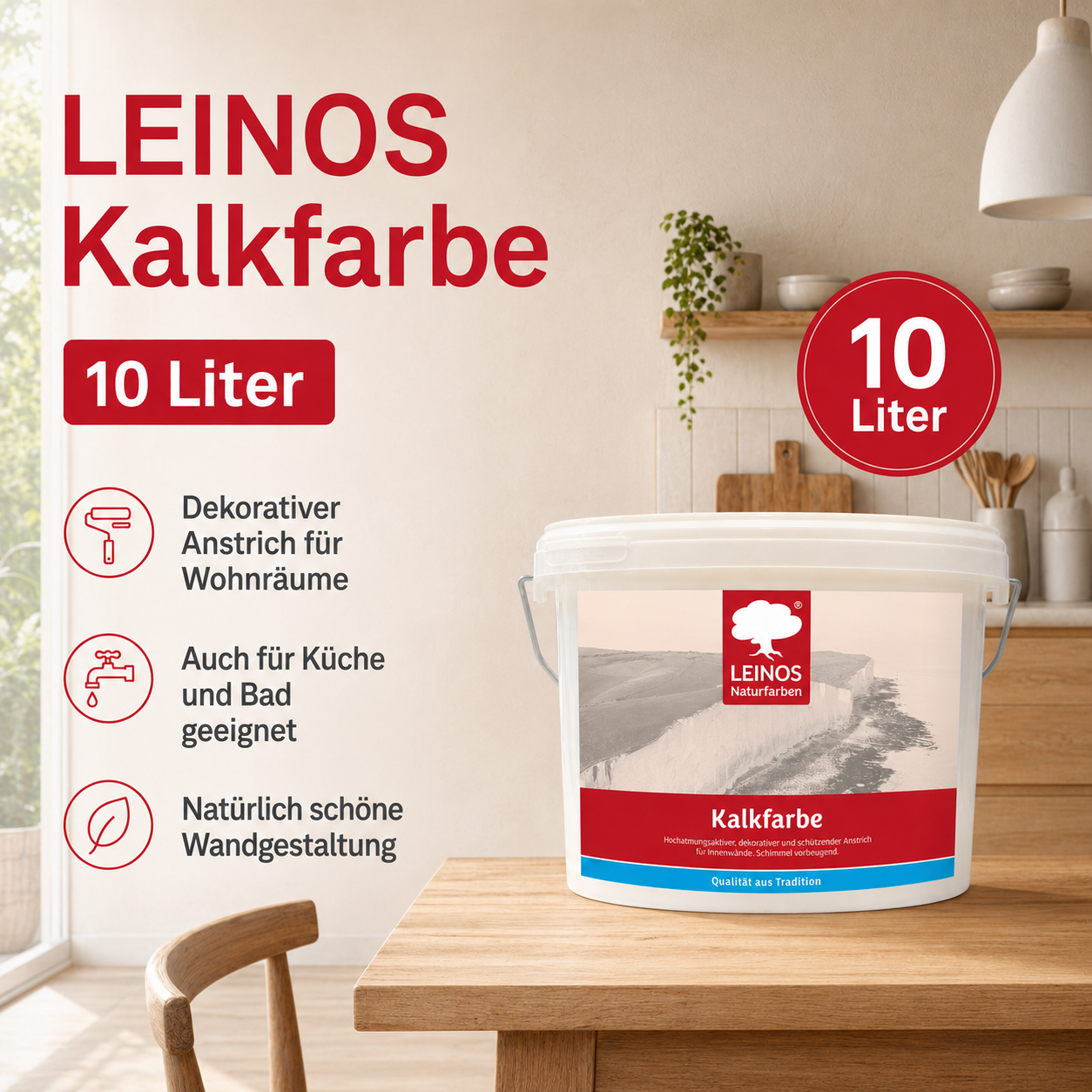 LEINOS Kalkfarbe 665 – Hochatmungsaktive Wandfarbe für Innen | Naturweiß, matt & mineralisch | Lösemittelfrei, schimmelvorbeugend, abtönbar | 10L für ca. 65m² | für alle mineralischen Untergründe