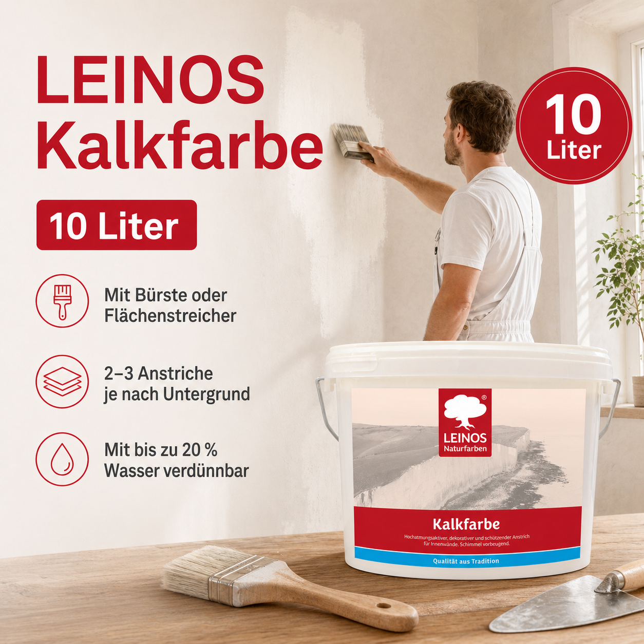 LEINOS Kalkfarbe 665 – Hochatmungsaktive Wandfarbe für Innen | Naturweiß, matt & mineralisch | Lösemittelfrei, schimmelvorbeugend, abtönbar | 10L für ca. 65m² | für alle mineralischen Untergründe