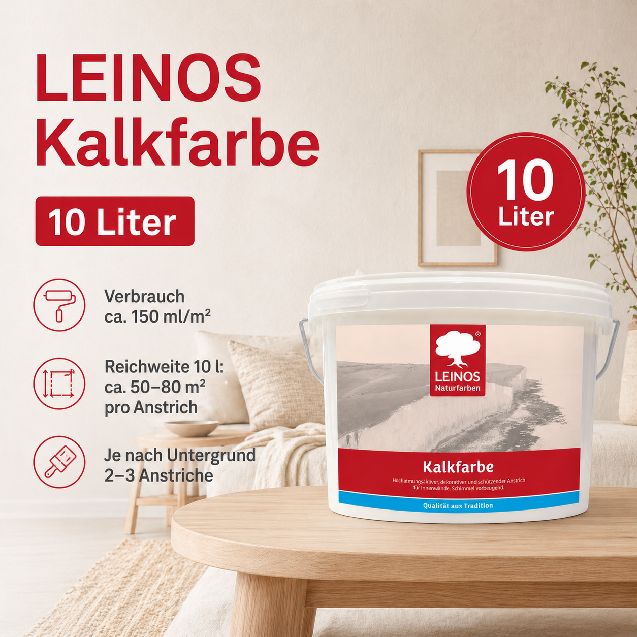 LEINOS Kalkfarbe 665 – Hochatmungsaktive Wandfarbe für Innen | Naturweiß, matt & mineralisch | Lösemittelfrei, schimmelvorbeugend, abtönbar | 10L für ca. 65m² | für alle mineralischen Untergründe