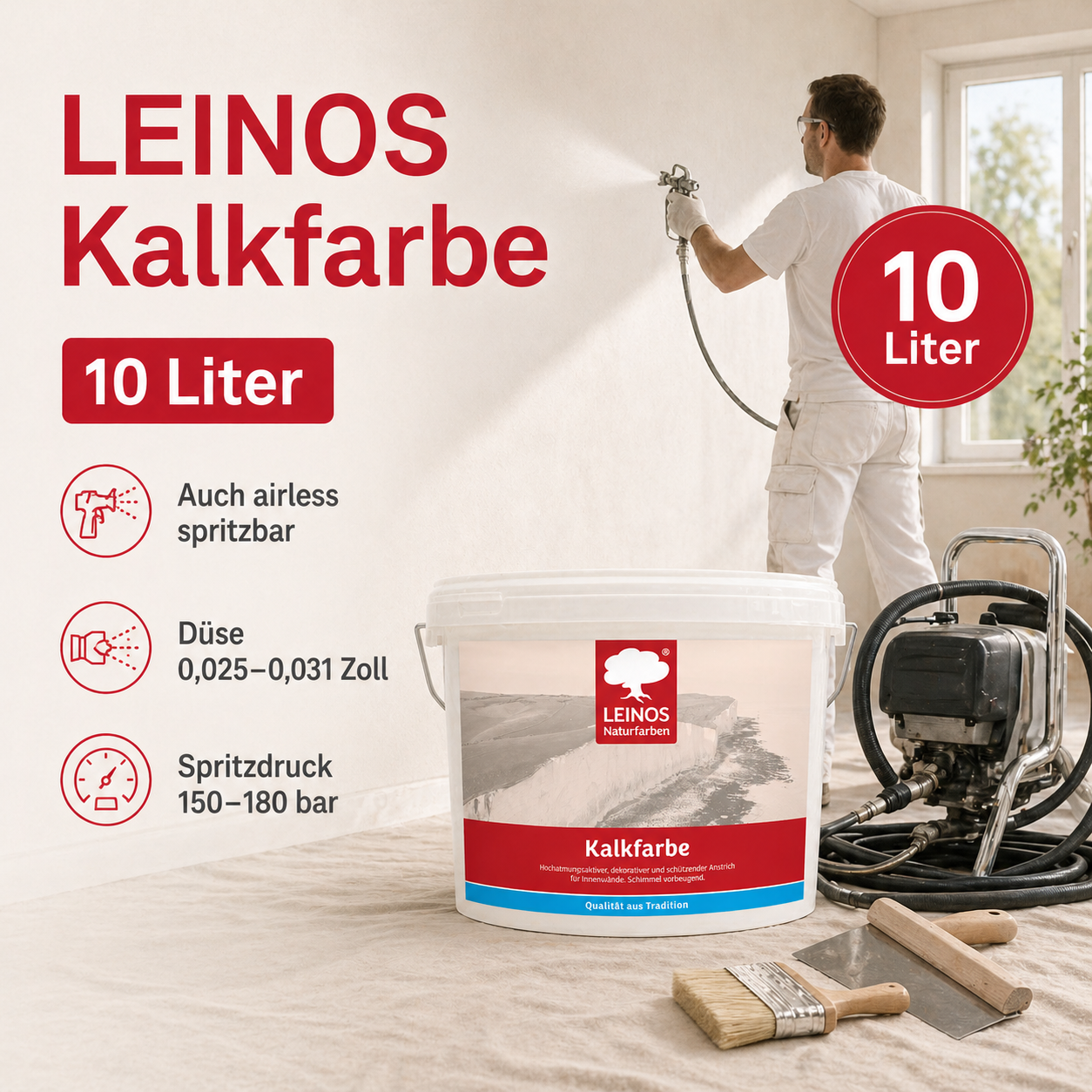 LEINOS Kalkfarbe 665 – Hochatmungsaktive Wandfarbe für Innen | Naturweiß, matt & mineralisch | Lösemittelfrei, schimmelvorbeugend, abtönbar | 10L für ca. 65m² | für alle mineralischen Untergründe