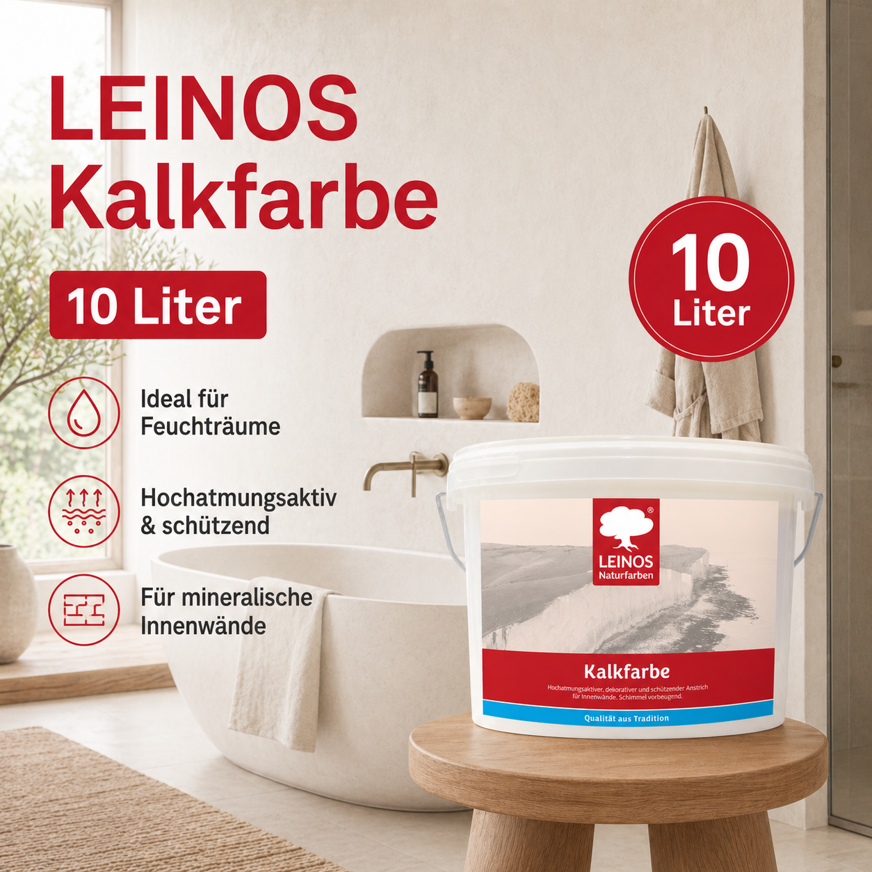 LEINOS Kalkfarbe 665 – Hochatmungsaktive Wandfarbe für Innen | Naturweiß, matt & mineralisch | Lösemittelfrei, schimmelvorbeugend, abtönbar | 10L für ca. 65m² | für alle mineralischen Untergründe