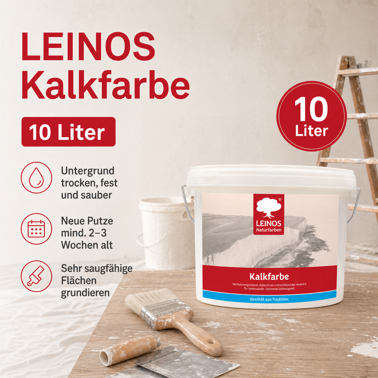 LEINOS Kalkfarbe 665 – Hochatmungsaktive Wandfarbe für Innen | Naturweiß, matt & mineralisch | Lösemittelfrei, schimmelvorbeugend, abtönbar | 10L für ca. 65m² | für alle mineralischen Untergründe