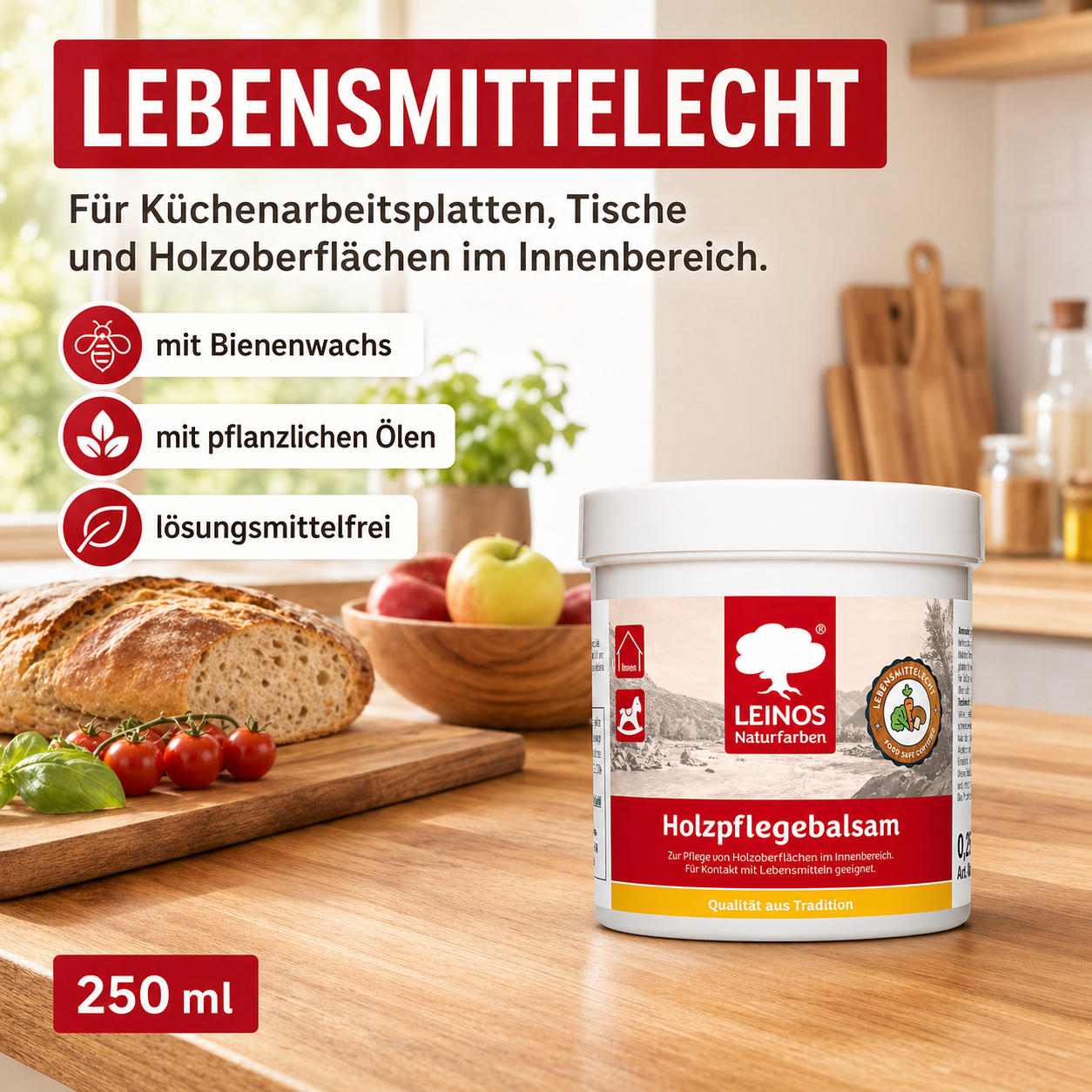 LEINOS Holzpflegebalsam 250 ml – lebensmittelecht, für Arbeitsplatten & Tische, natürliche Holzpflege innen, schützt & pflegt Holzoberflächen, mit natürlichen Ölen & Wachsen