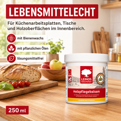 LEINOS Holzpflegebalsam 250 ml – lebensmittelecht, für Arbeitsplatten & Tische, natürliche Holzpflege innen, schützt & pflegt Holzoberflächen, mit natürlichen Ölen & Wachsen