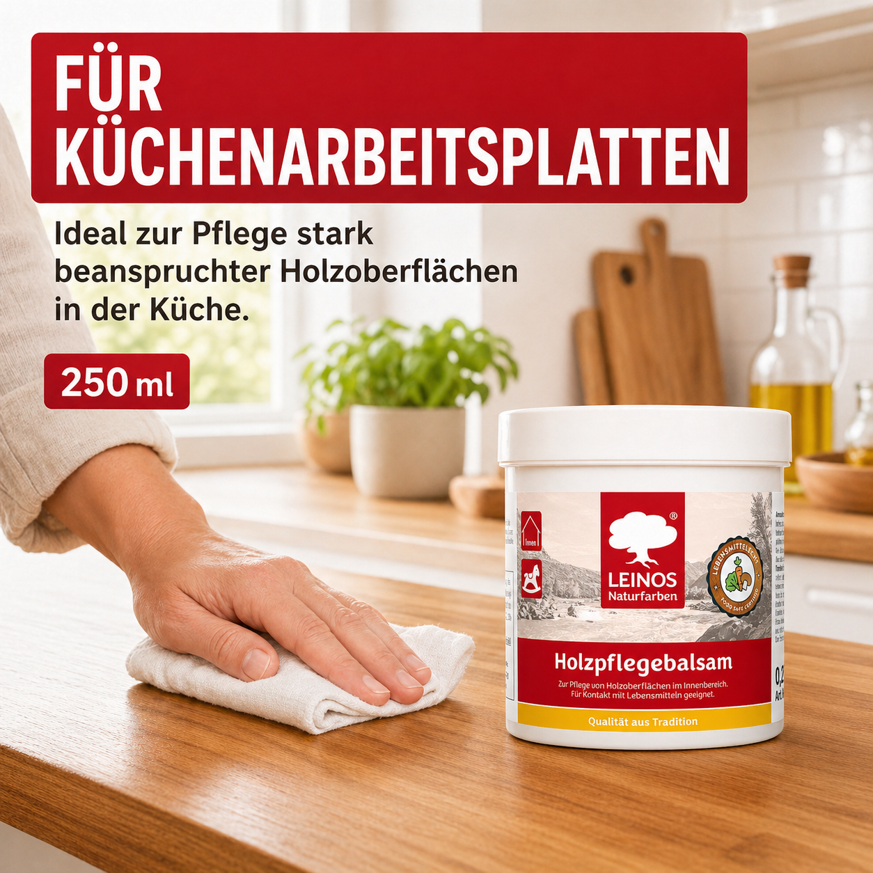 LEINOS Holzpflegebalsam 250 ml – lebensmittelecht, für Arbeitsplatten & Tische, natürliche Holzpflege innen, schützt & pflegt Holzoberflächen, mit natürlichen Ölen & Wachsen