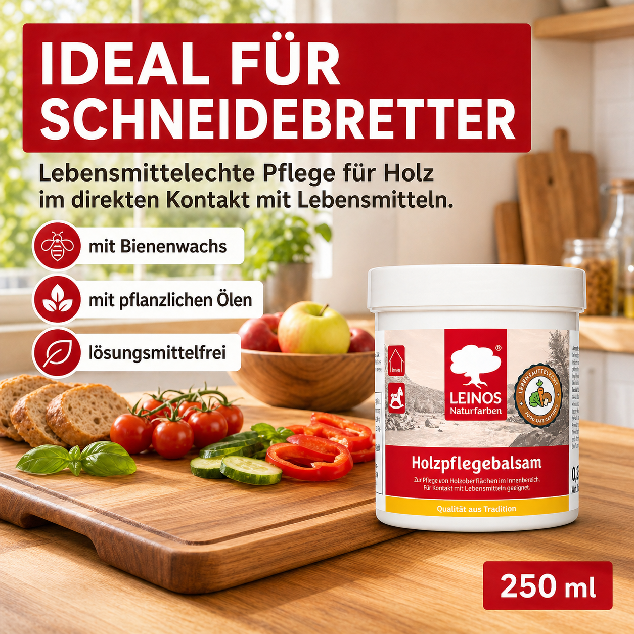 LEINOS Holzpflegebalsam 250 ml – lebensmittelecht, für Arbeitsplatten & Tische, natürliche Holzpflege innen, schützt & pflegt Holzoberflächen, mit natürlichen Ölen & Wachsen