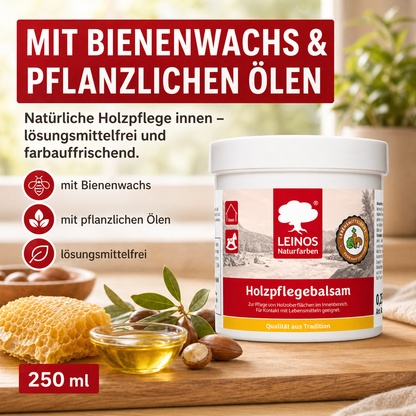 LEINOS Holzpflegebalsam 250 ml – lebensmittelecht, für Arbeitsplatten & Tische, natürliche Holzpflege innen, schützt & pflegt Holzoberflächen, mit natürlichen Ölen & Wachsen