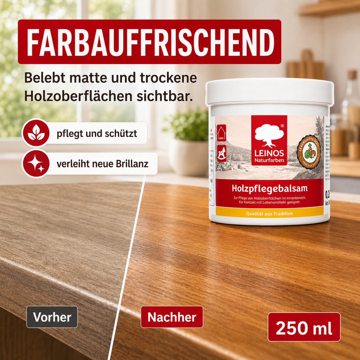LEINOS Holzpflegebalsam 250 ml – lebensmittelecht, für Arbeitsplatten & Tische, natürliche Holzpflege innen, schützt & pflegt Holzoberflächen, mit natürlichen Ölen & Wachsen
