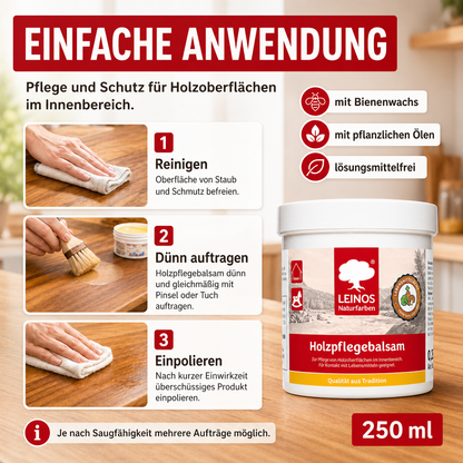 LEINOS Holzpflegebalsam 250 ml – lebensmittelecht, für Arbeitsplatten & Tische, natürliche Holzpflege innen, schützt & pflegt Holzoberflächen, mit natürlichen Ölen & Wachsen