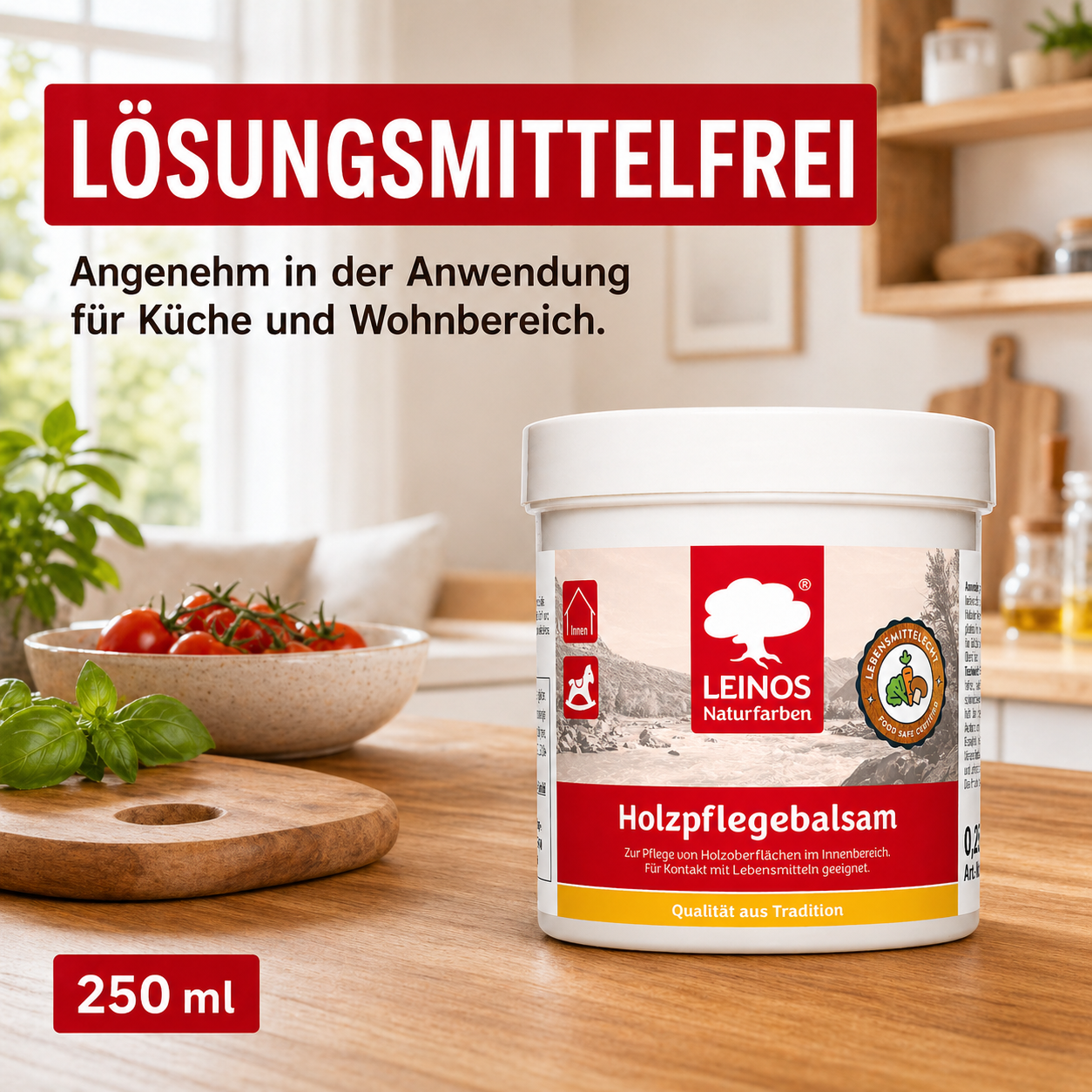 LEINOS Holzpflegebalsam 250 ml – lebensmittelecht, für Arbeitsplatten & Tische, natürliche Holzpflege innen, schützt & pflegt Holzoberflächen, mit natürlichen Ölen & Wachsen