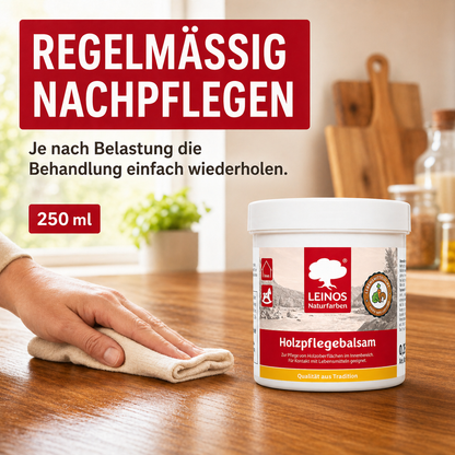 LEINOS Holzpflegebalsam 250 ml – lebensmittelecht, für Arbeitsplatten & Tische, natürliche Holzpflege innen, schützt & pflegt Holzoberflächen, mit natürlichen Ölen & Wachsen