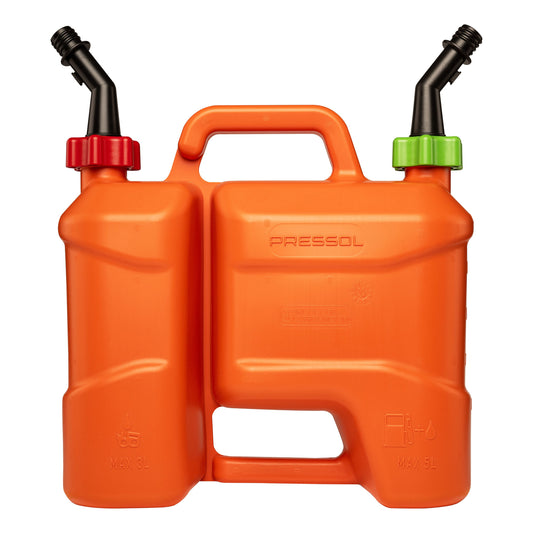 Pressol Kombi-Kraftstoffkanister-5l+3l, PE-Auslaufrohr | 5 Liter Kraftstoff | 3 Liter Kettenöl | 	HDPE (Polyethylen hoher Dichte) | Farbe Orange