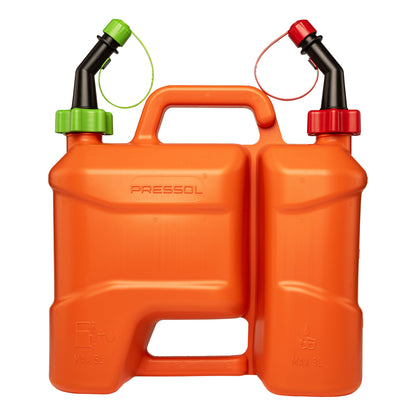 Pressol Kombi-Kraftstoffkanister-5l+3l, PE-Auslaufrohr | 5 Liter Kraftstoff | 3 Liter Kettenöl | 	HDPE (Polyethylen hoher Dichte) | Farbe Orange