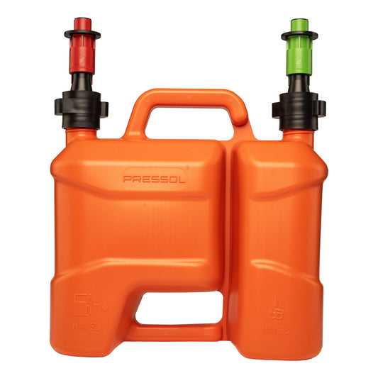 Pressol Kombi-Kraftstoffkanister-5l+3l, PE-Auto-Füllstopp-Auslauf | 5 Liter Kraftstoff | 3 Liter Kettenöl | 	HDPE (Polyethylen hoher Dichte) | Farbe Orange