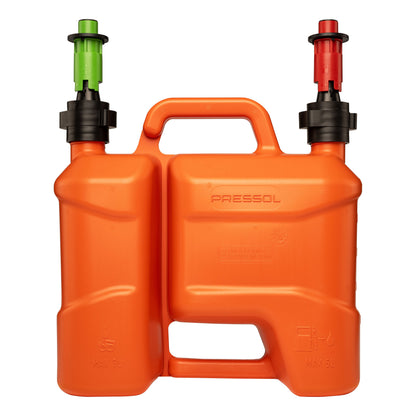 Pressol Kombi-Kraftstoffkanister-5l+3l, PE-Auto-Füllstopp-Auslauf | 5 Liter Kraftstoff | 3 Liter Kettenöl | 	HDPE (Polyethylen hoher Dichte) | Farbe Orange