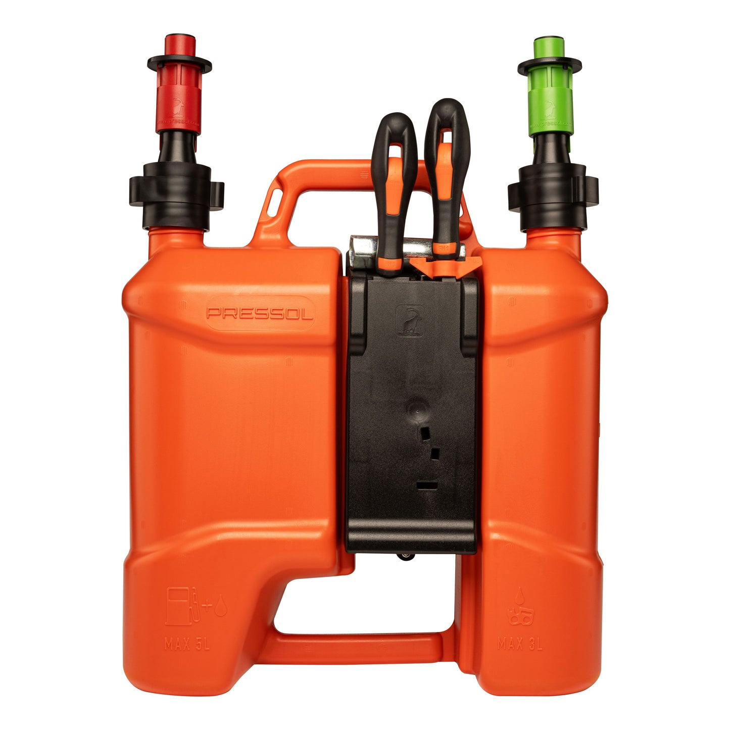 Pressol Kombi-Kraftstoffkanister-5l+3l, PE-Werkzeugtasche | 5 Liter Kraftstoff | 3 Liter Kettenöl | 	HDPE (Polyethylen hoher Dichte) | Farbe Orange