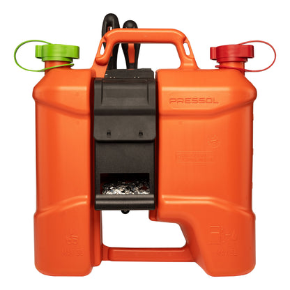 Pressol Kombi-Kraftstoffkanister-5l+3l, PE-Werkzeugtasche | 5 Liter Kraftstoff | 3 Liter Kettenöl | 	HDPE (Polyethylen hoher Dichte) | Farbe Orange