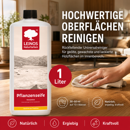 Leinos-Pflanzenseife 930 1 Liter Naturseife  – Rückfettender Universalreiniger aus Pflanzenölen für geölte, gewachste & lackierte Flächen – natürlich, ergiebig & biologisch abbaubar