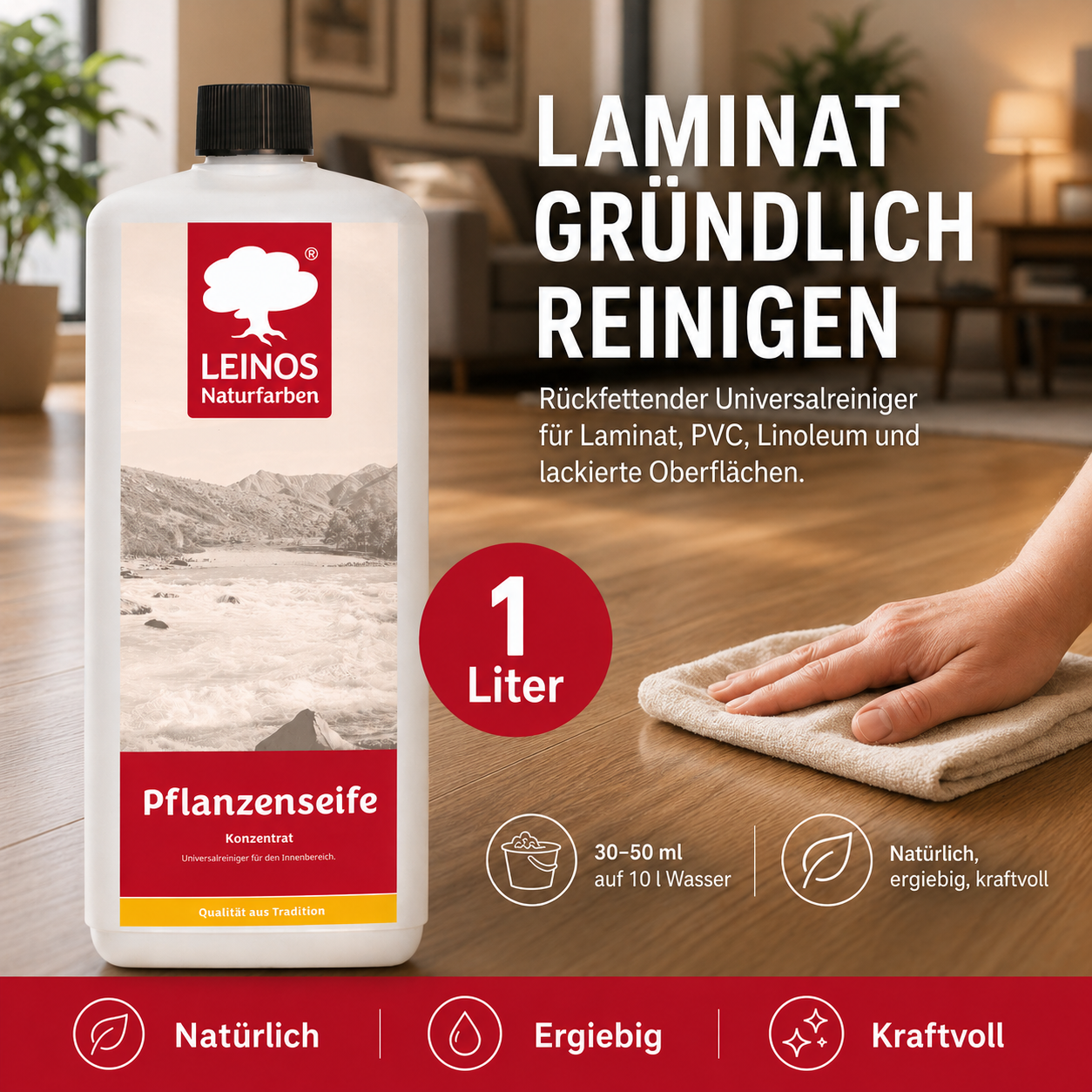 Leinos-Pflanzenseife 930 1 Liter Naturseife  – Rückfettender Universalreiniger aus Pflanzenölen für geölte, gewachste & lackierte Flächen – natürlich, ergiebig & biologisch abbaubar